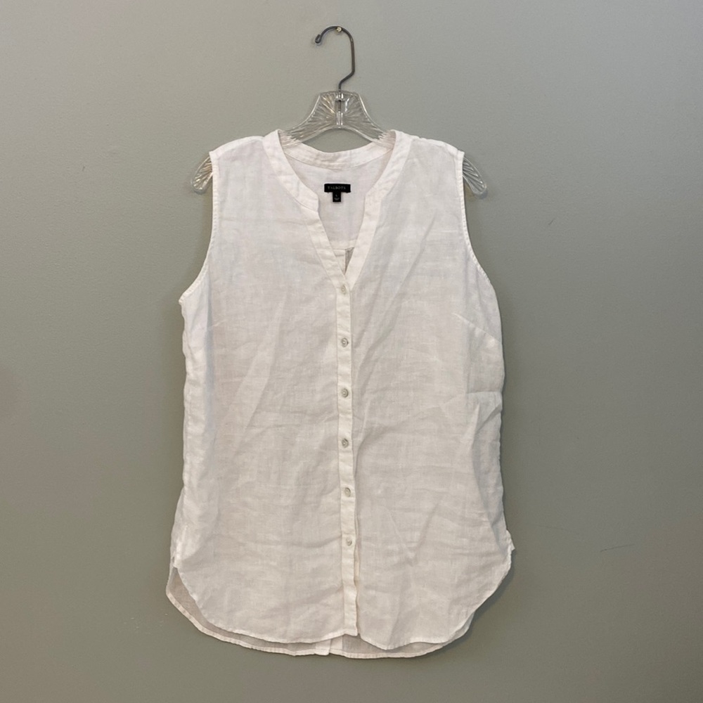 Talbots 100% Linen White sleeveless button down Large top.